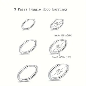 Set of 3 pairs stainless steel huggie hoop earrings in sizes 8mm 10mm 12mm