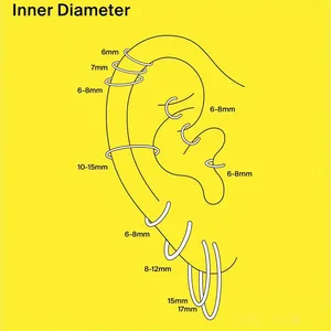 Sizing chart for stainless steel hoop earrings showing inner diameter guide for ear placement