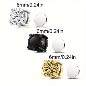 Magnetic 6mm zircon stud earrings in silver, black and gold colors for non-pierced ears