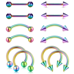 12-piece rainbow stainless steel body piercing set with horseshoe rings and barbells