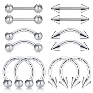 12-piece stainless steel body piercing set featuring straight, curved, and horseshoe barbells