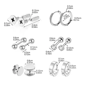 Detailed size chart for 30pcs silver stainless steel nose ring and earring piercing set