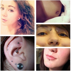 Collage aus Edelstahl-Piercings, die das Tragen an Lippen, Nase und Augenbrauen zeigen