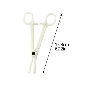 White disposable plastic body piercing clamps showing 15.8cm length for precise tool sizing