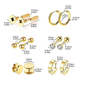 6-pair set of golden stainless steel stud earrings and hoops with size specifications