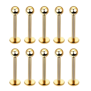 10er Set goldene Labret-Stecker aus Edelstahl mit flacher Basis und Kugel für Piercings