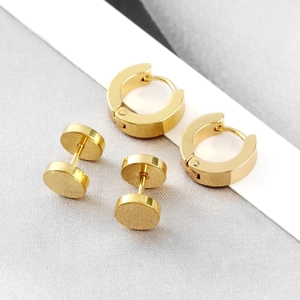 Golden stainless steel earring set featuring small hoop earrings and stud earrings set