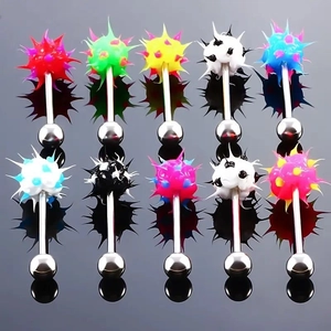 Set of 10 colorful acrylic spiked barbell tongue rings made of polished stainless steel