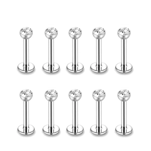 Detailset aus 10 silbernen Edelstahl-Labret-Steckern mit funkelnden Zirkonia-Steinen
