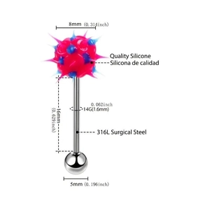 316L surgical steel tongue ring with 8mm pink and blue silicone spike ball top