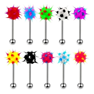 Set of 10 colorful stainless steel tongue rings with spiked acrylic balls for piercings