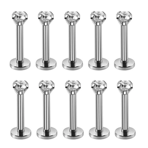 10er Set silberne Lippenstecker aus Edelstahl mit klaren Zirkonia in Vier-Krallen-Fassung