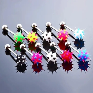 Mixed set of stainless steel tongue rings with colorful acrylic pompom piercing balls