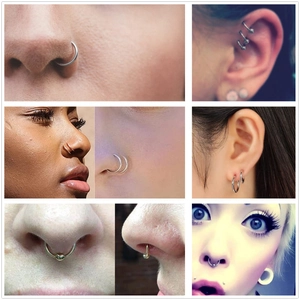 Multiple views showing stainless steel nose rings and body piercing jewelry on models