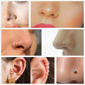 Close-up collage of gold and silver nose rings and studs on various facial piercings
