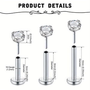 Drei-Teiliges Set Lippenstecker aus Edelstahl mit Zirkonia-Herz und Stern-Verzierung