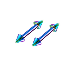 Makroaufnahme von regenbogenfarbenen Edelstahl-Spike-Barbell-Piercingschmuck im Set