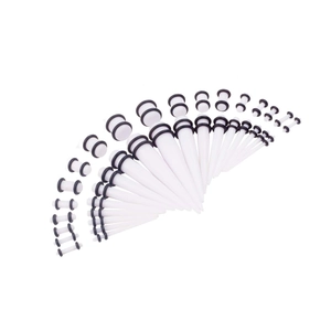 White acrylic ear taper and plug expansion set with black O-rings in various sizes