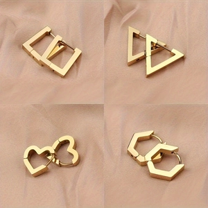 Minimalist gold stainless steel geometric hoop earrings in triangle and heart shapes
