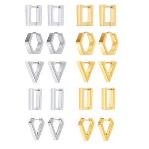 10-pair set of geometric stainless steel hoop earrings in gold and silver finishes