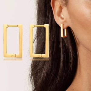 Minimalist rectangular geometric hoop earrings in polished gold finish for women