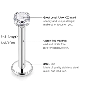 Piercings labret de acero 316L hipoalergénico con circonita en largos de 6mm 8mm y 10mm