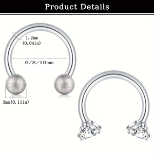 Set de 32 aros de herradura de acero inoxidable con circonita y bolas mate, 16G 1.2mm
