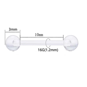 Barre de piercing langue en acrylique transparent 16G 1,2mm avec billes de 3mm sur fond blanc