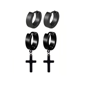 Detailansicht des schwarzen Edelstahl-Ohrring-Sets mit Kreuzanhänger und Creolen