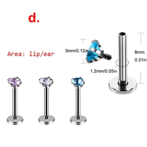 Detail van 16G roestvrijstalen labret studs met paarse, witte en blauwe kristallen van 3mm