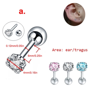 Roestvrijstalen tragus piercing met 4mm zirkoon in zilver, roze en blauwe kleuren