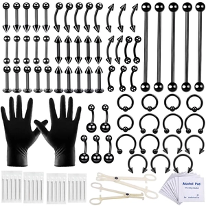 Kit de Piercing Corporal de Acero Inoxidable Negro Con Joyas Agujas Alicates Guantes Toallitas de Alcohol para Septum Ombligo Labio Body Art