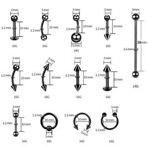 Set de piercing de 13 piezas en acero inoxidable negro con especificaciones y estilos