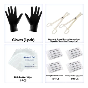 Kit de piercing de 99 piezas con guantes negros, agujas, pinzas y toallitas de alcohol