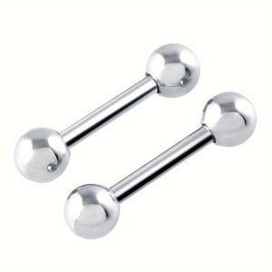 Close-up of silver stainless steel barbell earrings with polished dual ball design