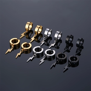 Pendientes de Aro con Colgante de Rayo de Acero Inoxidable Clips para Orejas Sin Perforar Joyería Punk Rock Oro Negro Plata