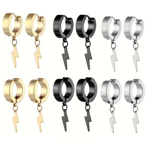 Set de pendientes de rayo de acero inoxidable en colores oro, plata y negro