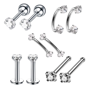 Set van 10 chirurgisch stalen piercings met ronde heldere zirkoonstenen in zilveren finish