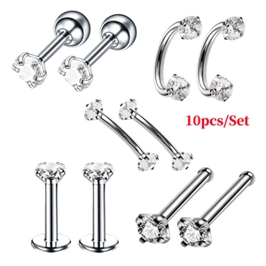 Detailset van 10 roestvrijstalen piercings met heldere zirkonia-kristallen in klauwzetting