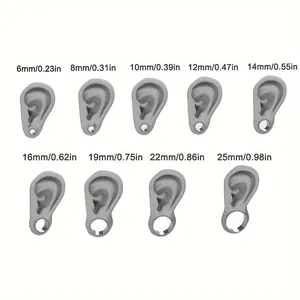 Clear acrylic ear gauge size chart from 6mm to 25mm shown on 3D ear models