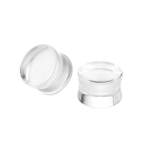 Pair of clear acrylic double flared ear plugs with smooth polished finish for stretching