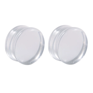 Close-up of high-quality double flared clear acrylic ear gauges with smooth finish