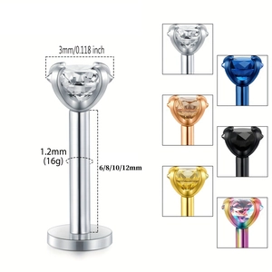 Stainless steel lip stud set with 3mm cubic zirconia in six colors and four bar lengths