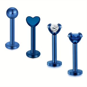Detail of 4-piece blue stainless steel labret set with heart and zircon stones