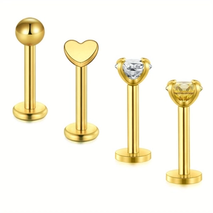 Set of four gold-plated stainless steel labret studs with heart and zircon details