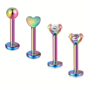 Detailed set of four rainbow stainless steel labret studs with zircon and heart shapes