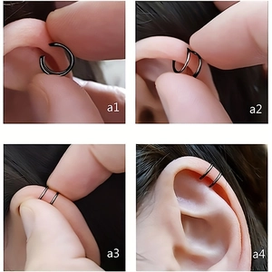 Detail mit vierstufiger Anleitung zum Tragen des schwarzen Doppel-Ohrklemmers ohne Loch