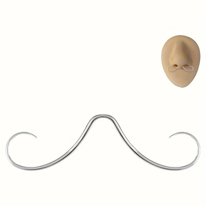 Detail shot of silver mustache septum ring with a model preview of the piercing look