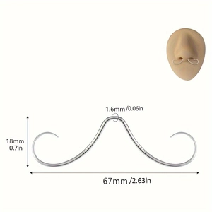 Mustache shaped stainless steel septum ring piercing with size measurements and model view