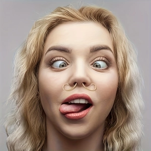 Close-up of a gold mustache shaped nose ring worn by a model for a funny costume look